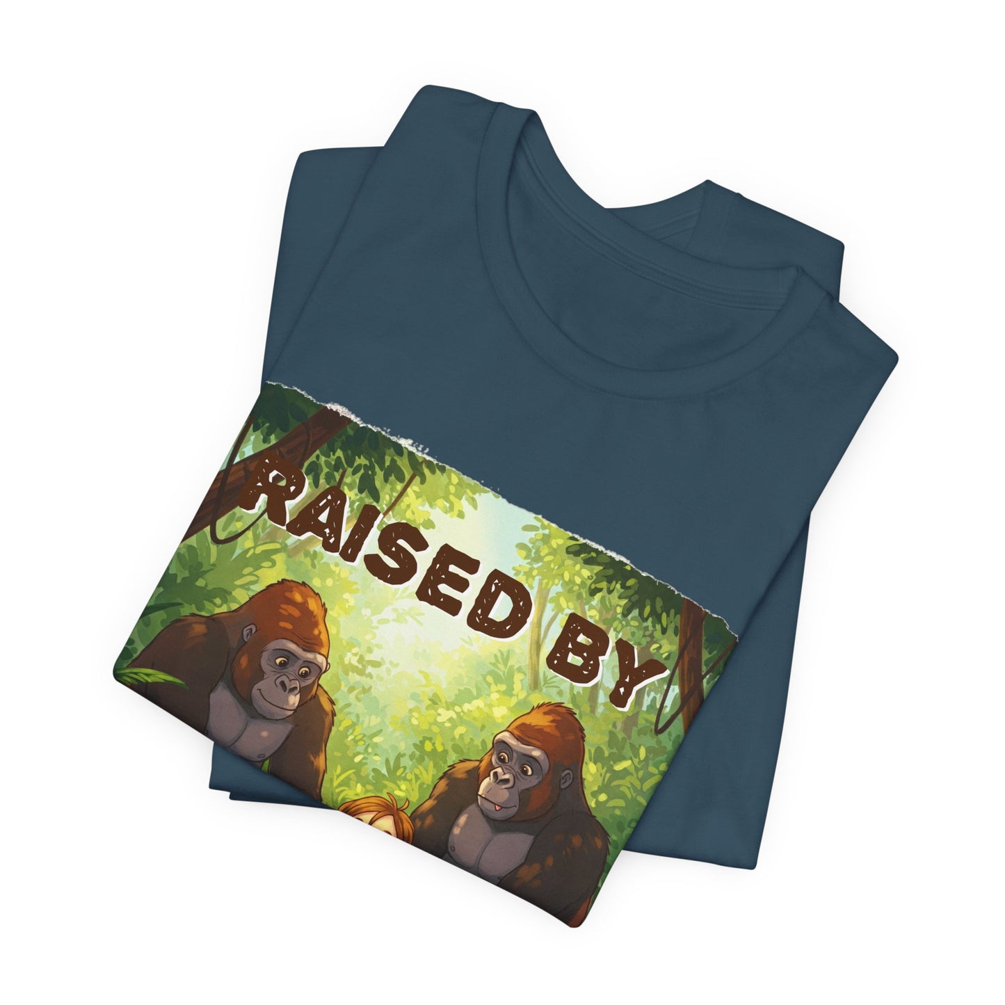Funny Gorilla Graphic Tee - 'Raised by Gorillas' Unisex Jersey Shirt (Female character version) - Schmartypants
