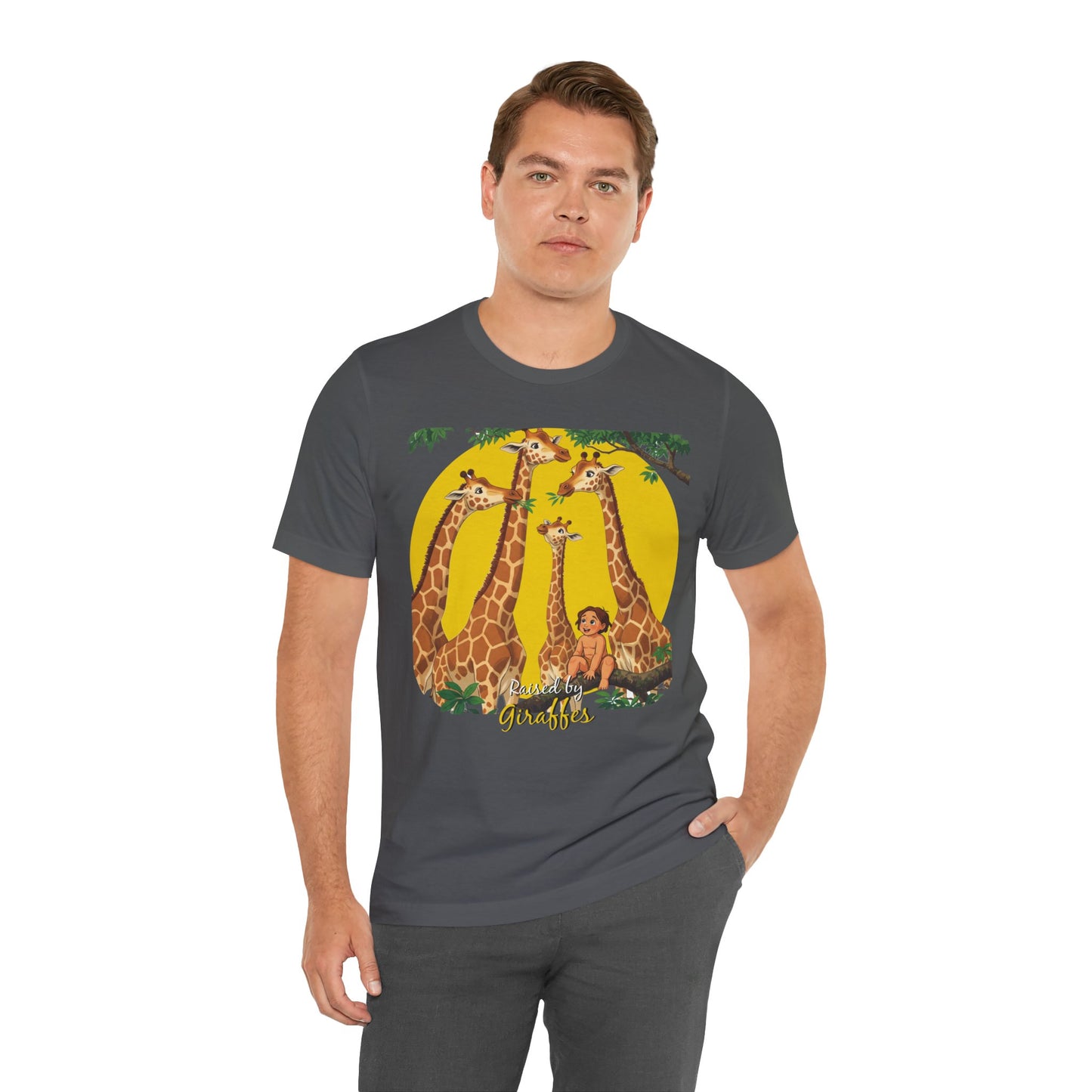 Hilarious Comical 'Raised By Giraffes' Unisex Short Sleeve Tee - Perfect for Animal Lovers (male character version) - Schmartypants
