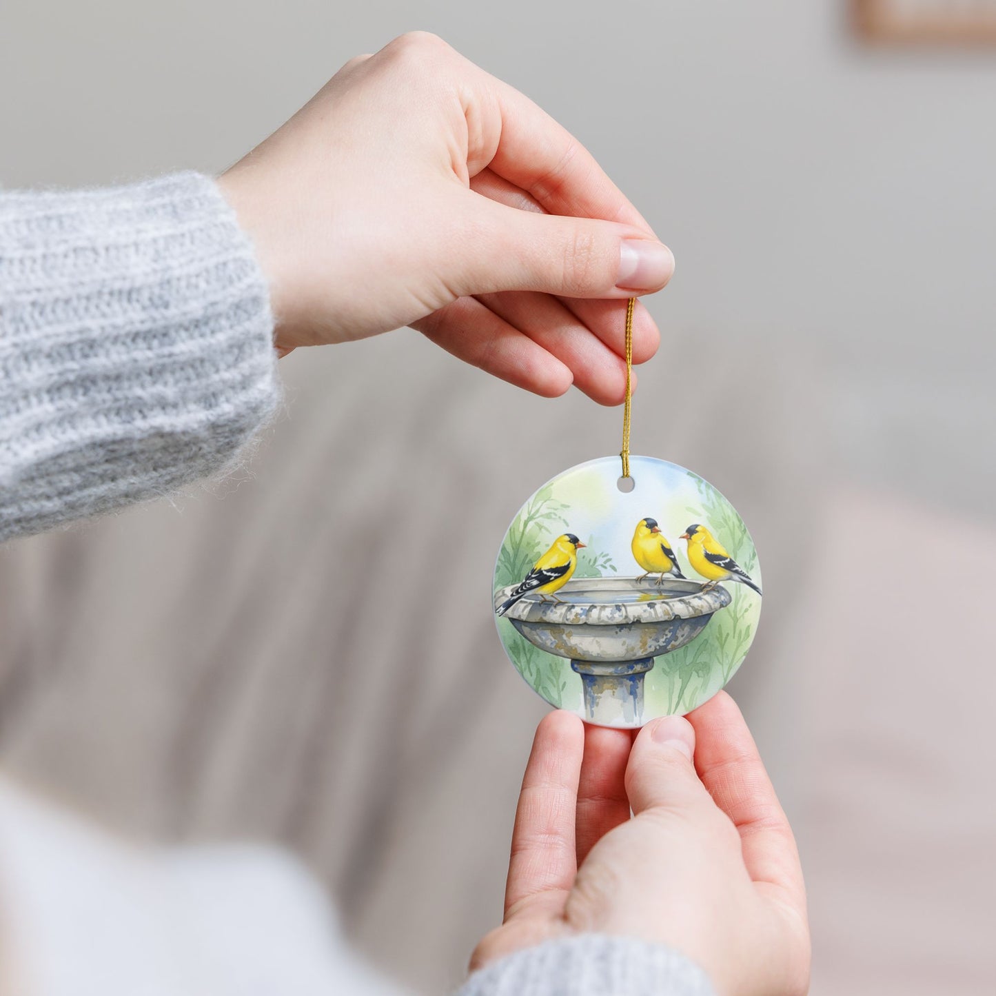 Beautiful Bird Bath Ceramic Ornament, Nature Decor, Gift for Bird Lovers, Goldfinches, Birdwatching, Holiday Decor, Home Decoration