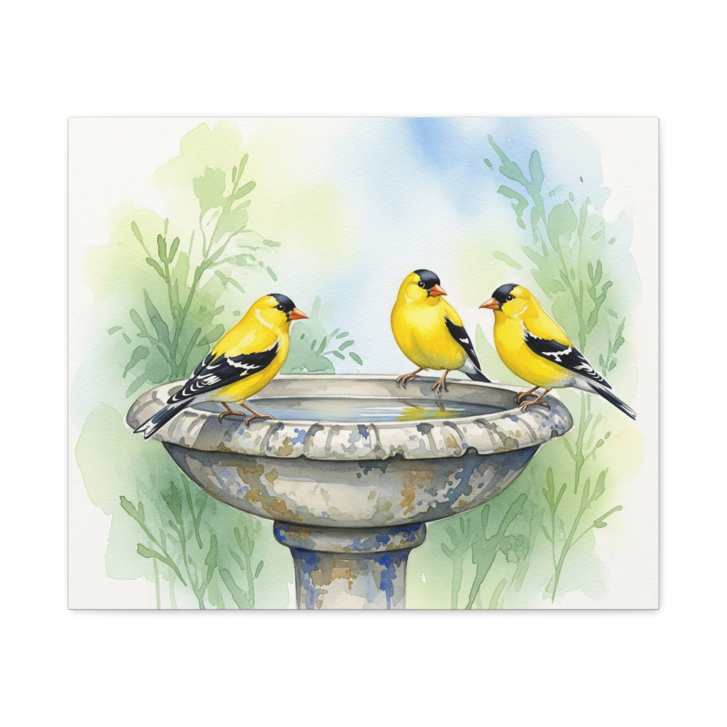 Goldfinches on Fountain Canvas Art, Nature Wall Decor, Yellow Finch Print, Home Decor, Gift for Bird Lovers, Spring Decoration