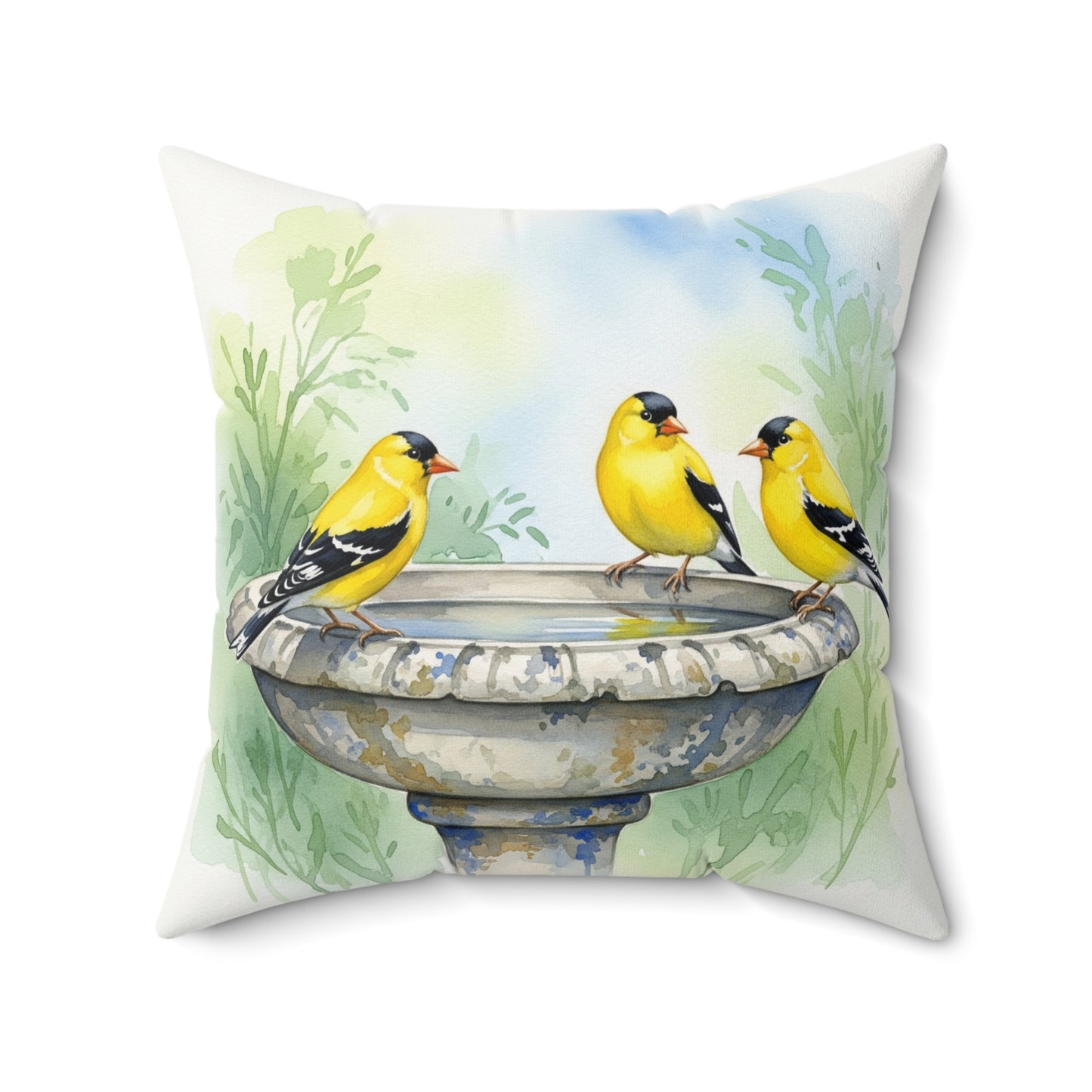 Cheerful Bird Bath Pillow, Decorative Cushion for Bird Lovers, Home Décor, Gift for Nature Enthusiasts, Goldfinches, Cozy Living Room