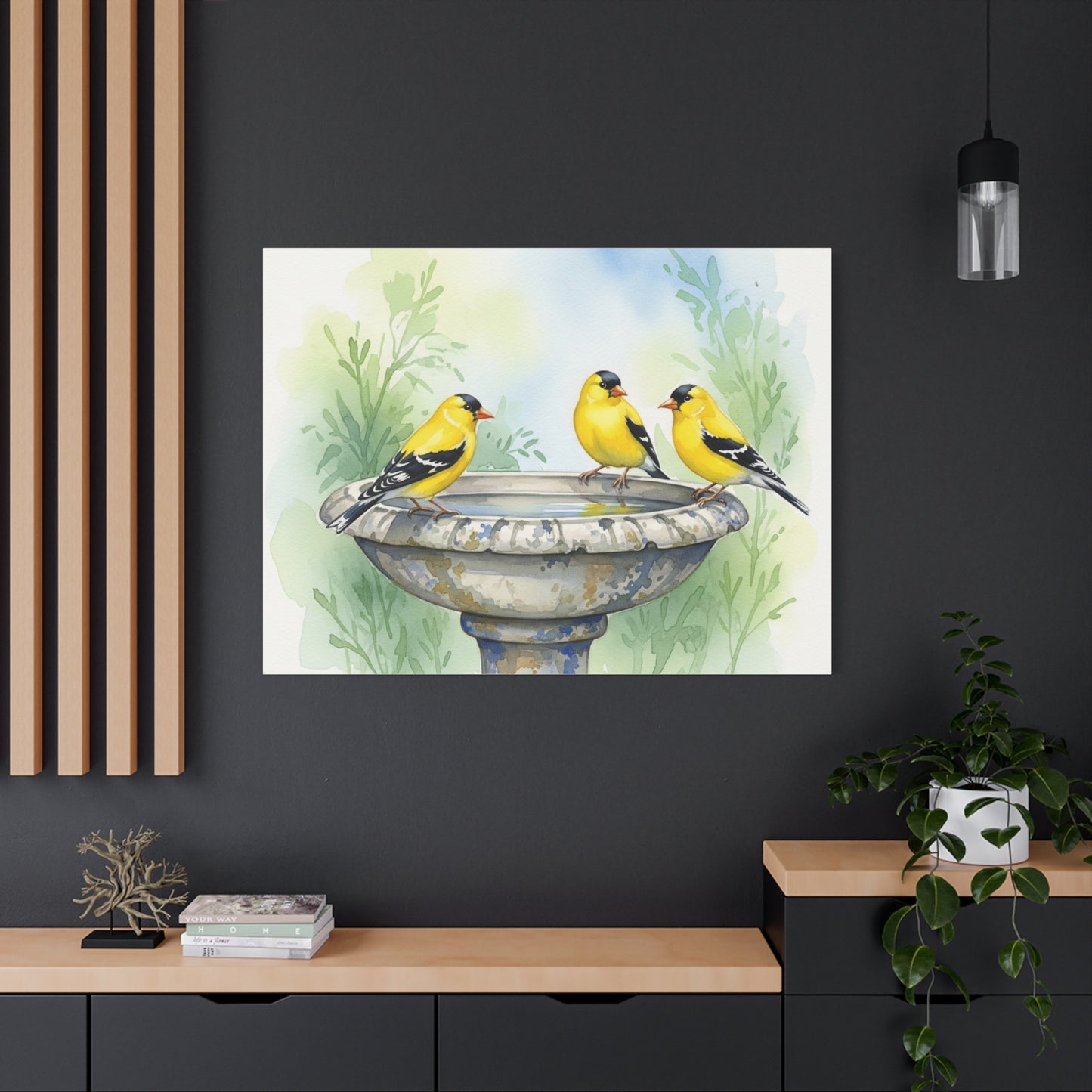 Goldfinches on Fountain Canvas Art, Nature Wall Decor, Yellow Finch Print, Home Decor, Gift for Bird Lovers, Spring Decoration