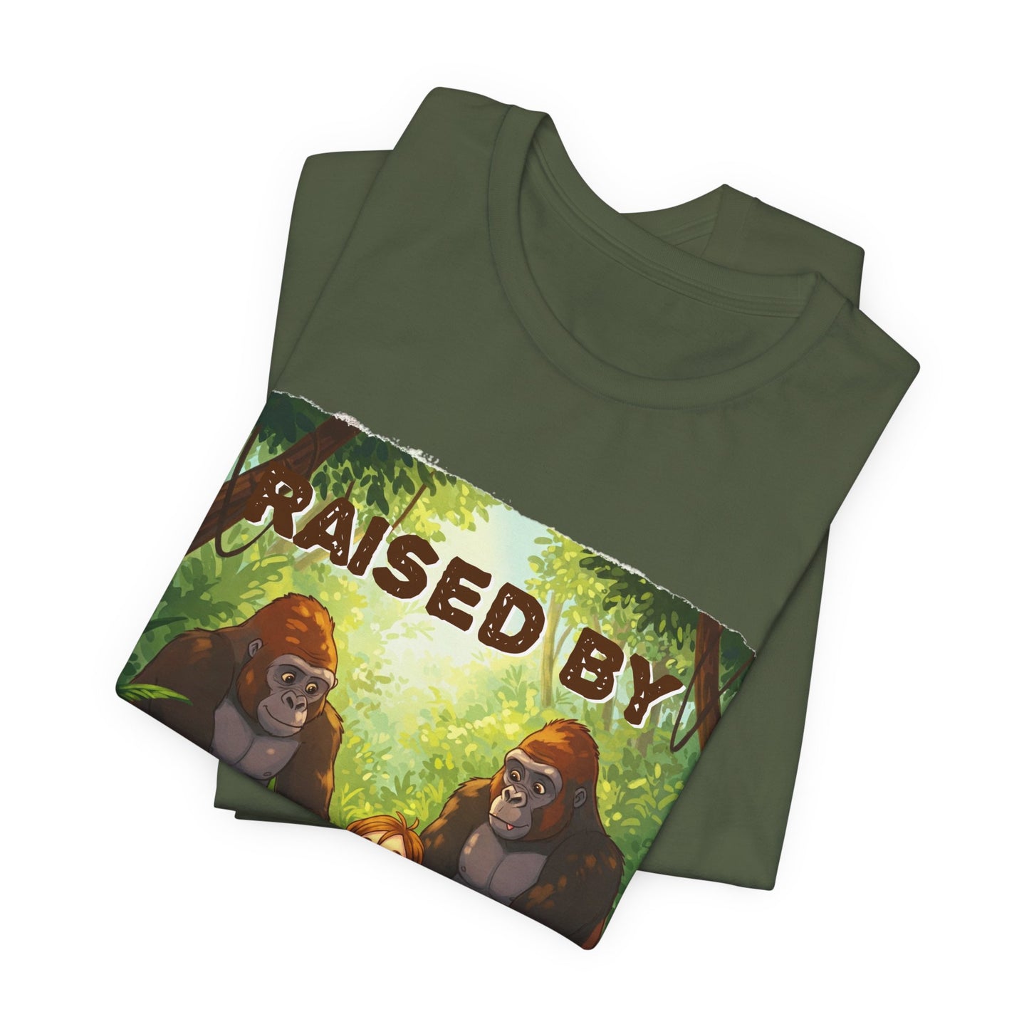 Funny Gorilla Graphic Tee - 'Raised by Gorillas' Unisex Jersey Shirt (Female character version) - Schmartypants
