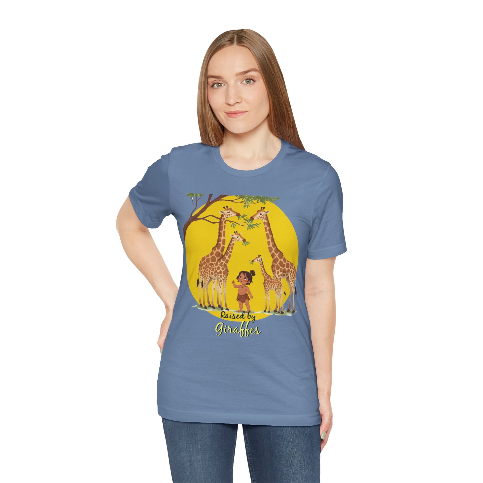 Raised by Giraffes Unisex T-Shirt - Funny Animal Lover Tee - Giraffe Lovers, Wildlife Enthusiasts (Female Character) - Schmartypants