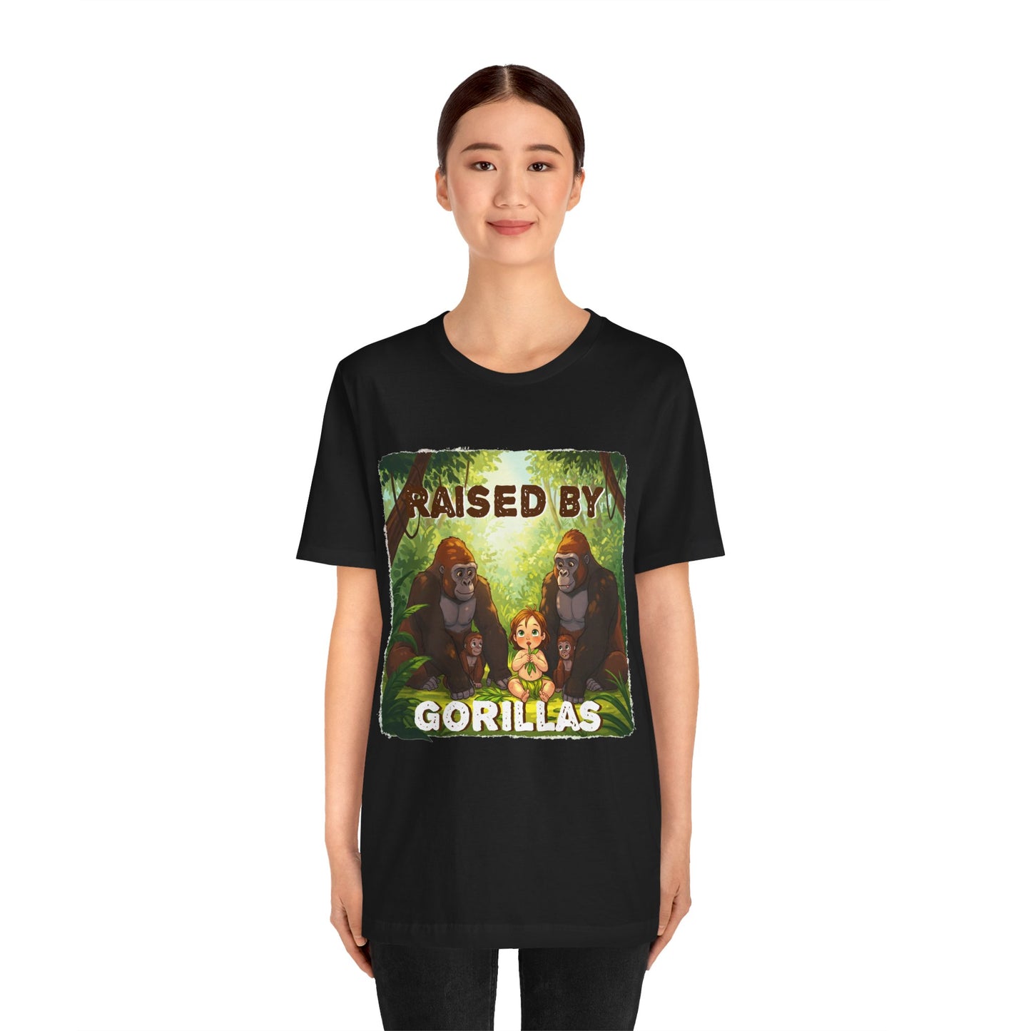 Funny Gorilla Graphic Tee - 'Raised by Gorillas' Unisex Jersey Shirt (Female character version) - Schmartypants