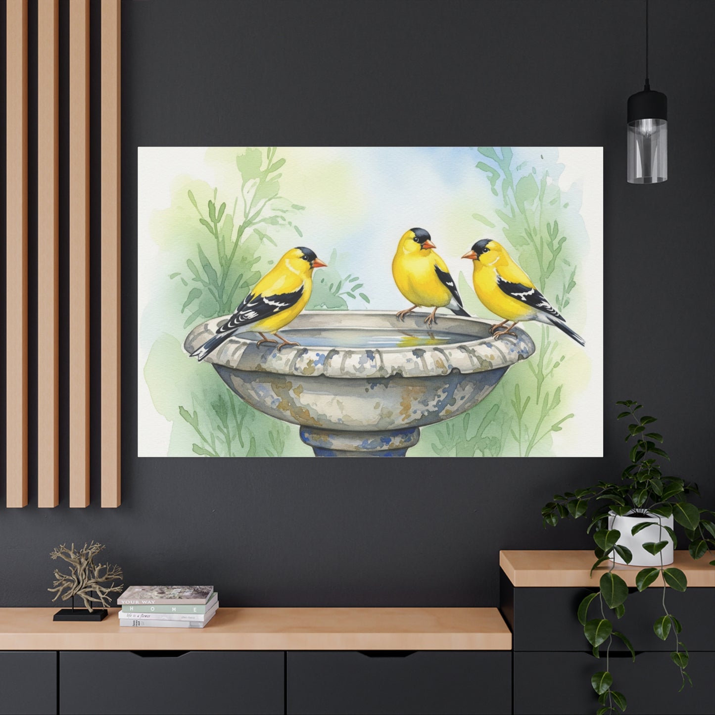 Goldfinches on Fountain Canvas Art, Nature Wall Decor, Yellow Finch Print, Home Decor, Gift for Bird Lovers, Spring Decoration