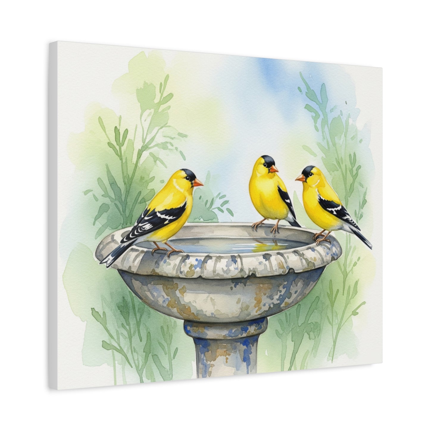 Goldfinches on Fountain Canvas Art, Nature Wall Decor, Yellow Finch Print, Home Decor, Gift for Bird Lovers, Spring Decoration