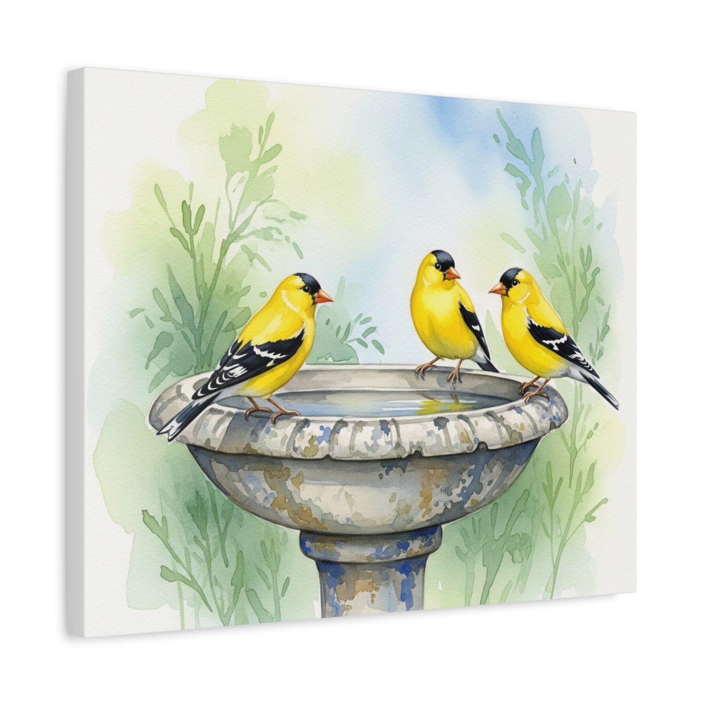 Goldfinches on Fountain Canvas Art, Nature Wall Decor, Yellow Finch Print, Home Decor, Gift for Bird Lovers, Spring Decoration