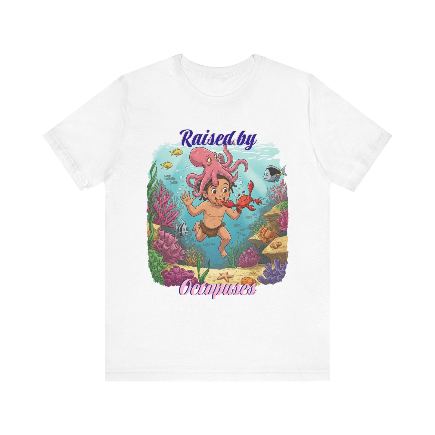 Ocean-Inspired Unisex Tee - Funny "Raised by Octopus", Fun Gift for Marine Lovers, Summer Beachwear, Cute Animal T-Shirt