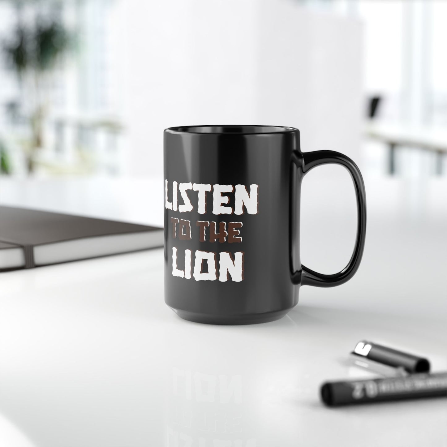 Listen to the Lion Black Mug - Inspirational Coffee Tea Cup for Animal Lovers, Van Morrison Fans - Schmartypants