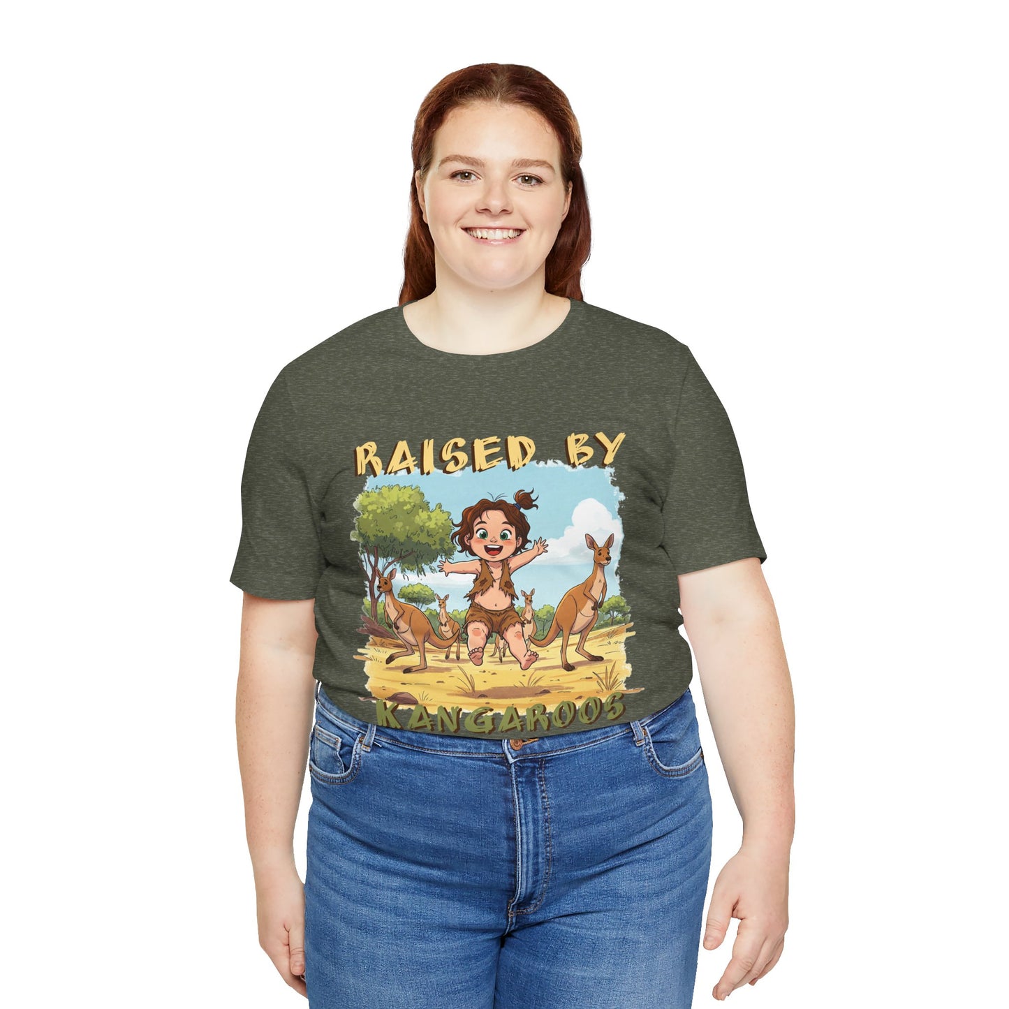 Cute, Funny Kangaroo Vibe Unisex Tee - "Raised by Kangaroos" (female character) - Australian Theme - Schmartypants
