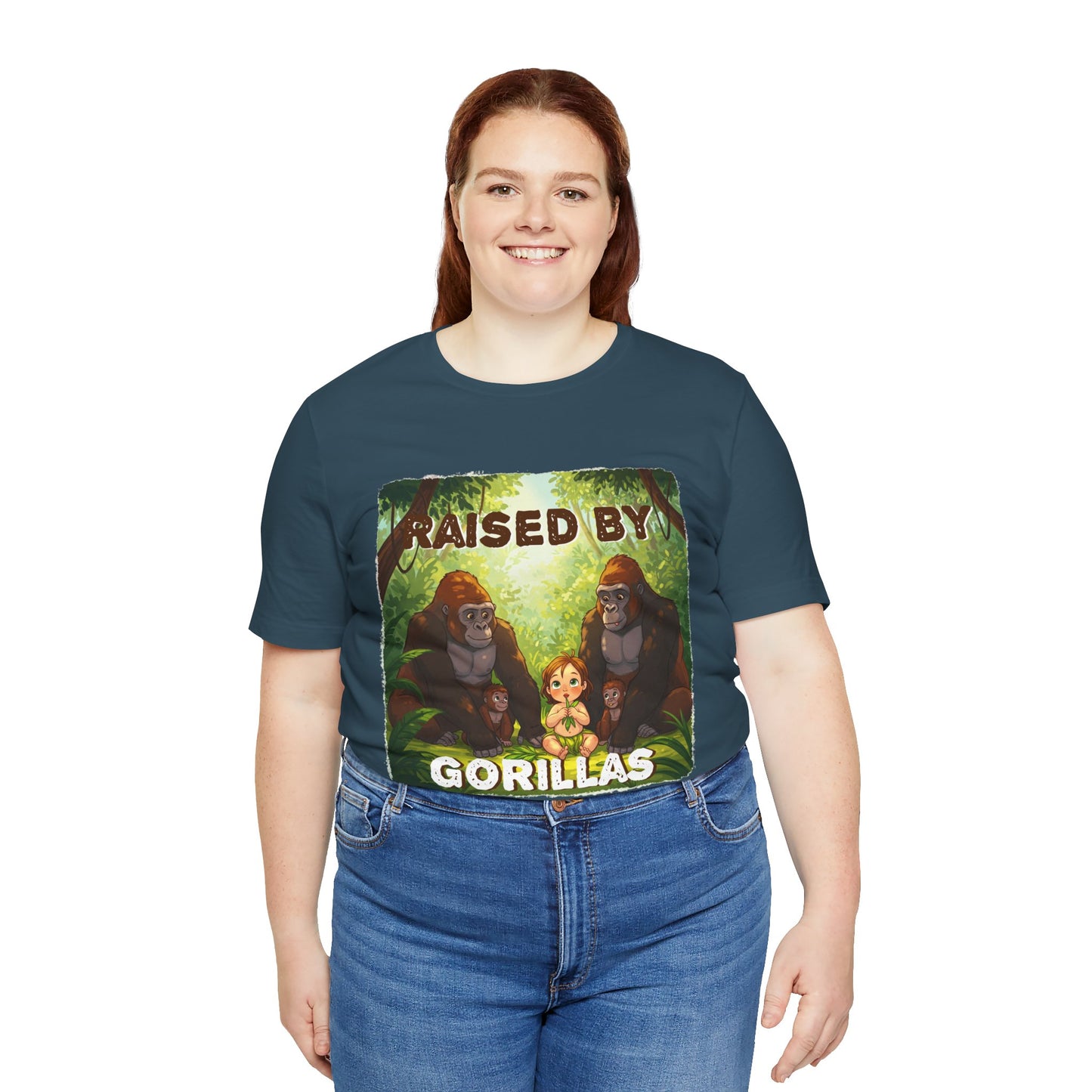 Funny Gorilla Graphic Tee - 'Raised by Gorillas' Unisex Jersey Shirt (Female character version) - Schmartypants