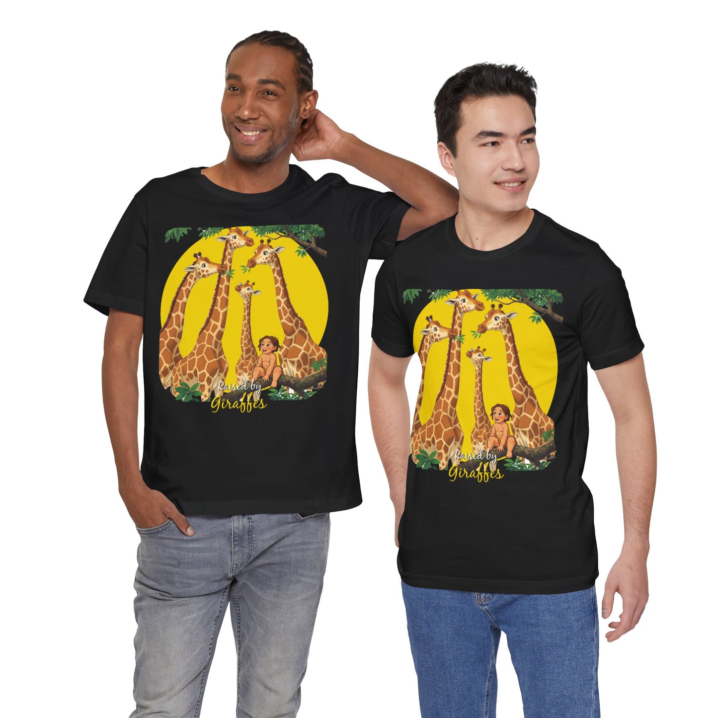 Hilarious Comical 'Raised By Giraffes' Unisex Short Sleeve Tee - Perfect for Animal Lovers (male character version) - Schmartypants