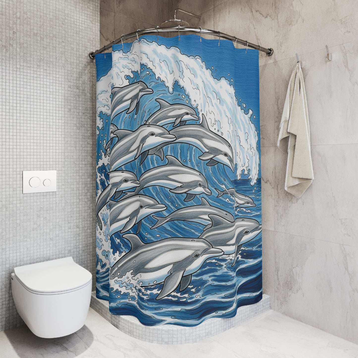 Dolphin Wave Shower Curtain, Ocean Bathroom Decor, Nautical Theme, Beach House Accessory, Gift for Marine Lovers