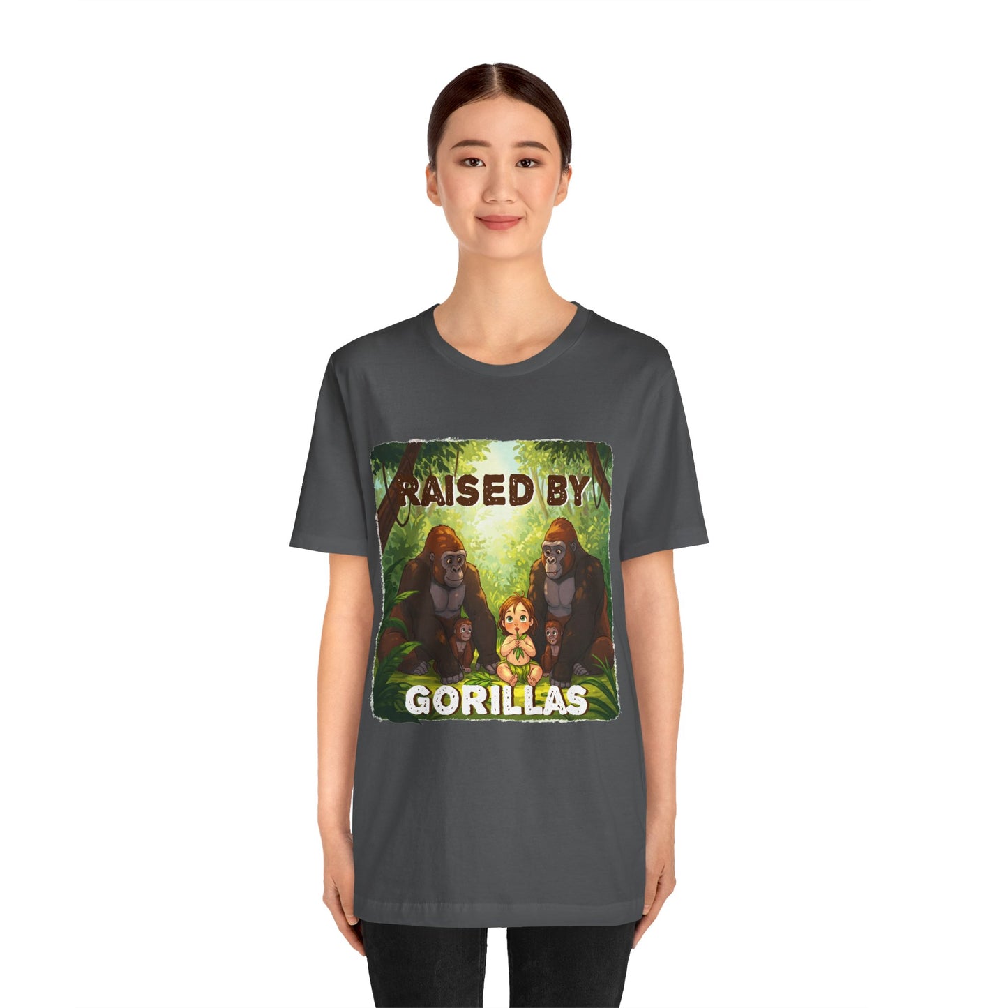 Funny Gorilla Graphic Tee - 'Raised by Gorillas' Unisex Jersey Shirt (Female character version) - Schmartypants