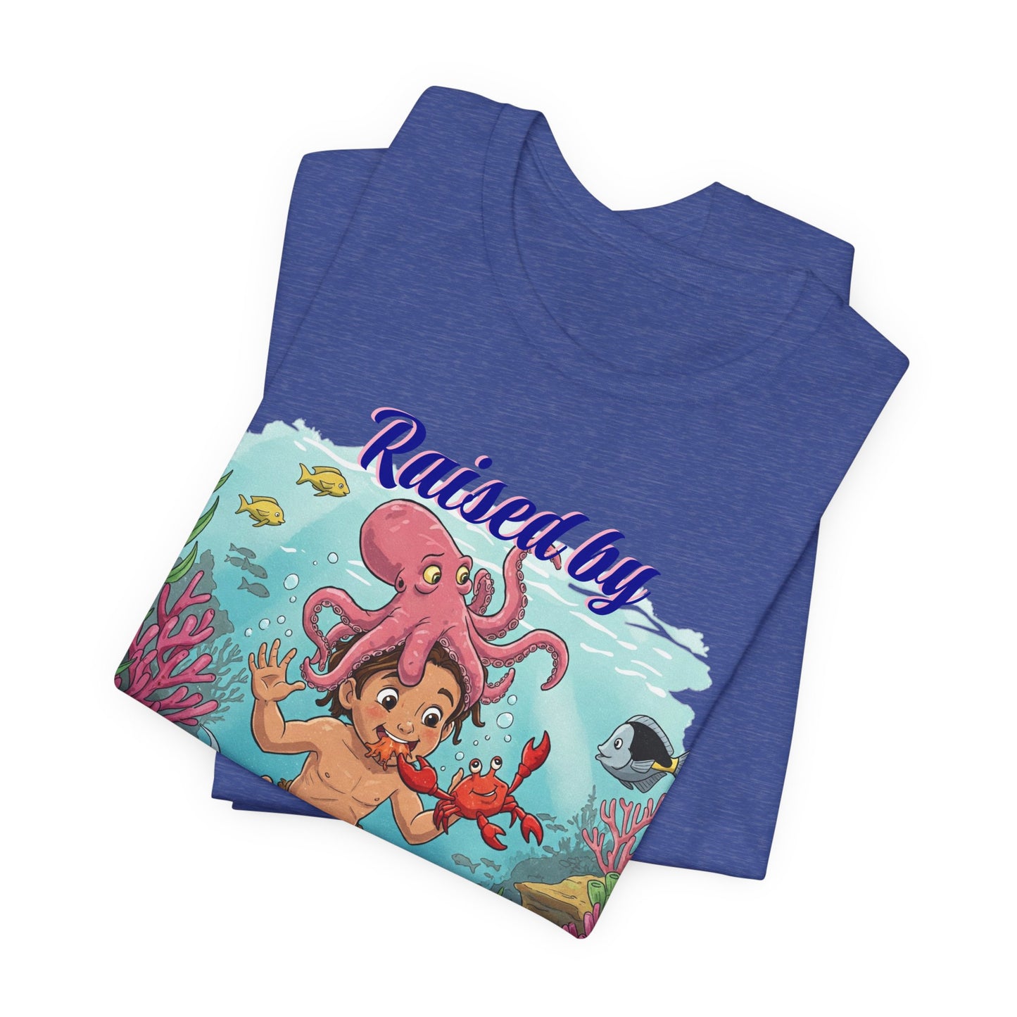 Ocean-Inspired Unisex Tee - Funny "Raised by Octopus", Fun Gift for Marine Lovers, Summer Beachwear, Cute Animal T-Shirt