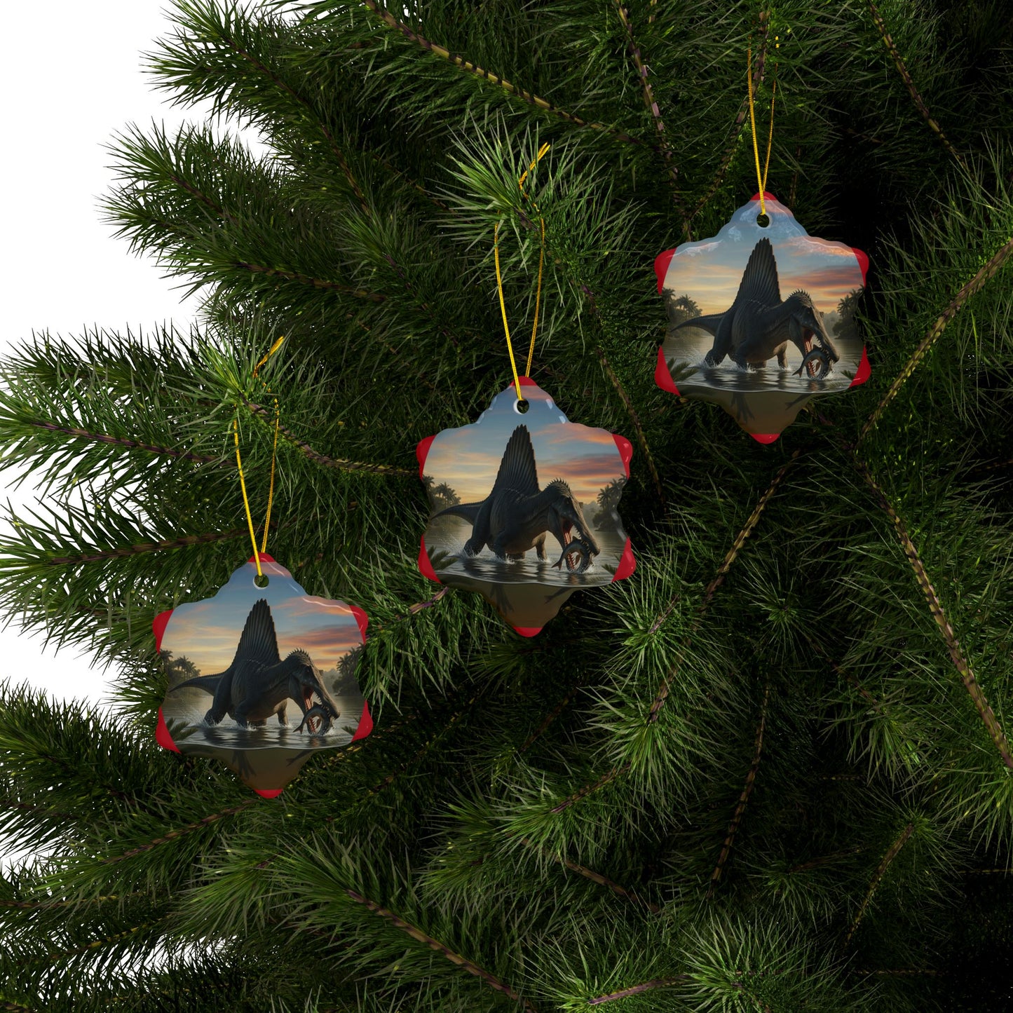 Spinosaurus Jurassic Era Dinosaur Ceramic Christmas Tree Ornaments, 2-Sided Keepsakes, Party Favors