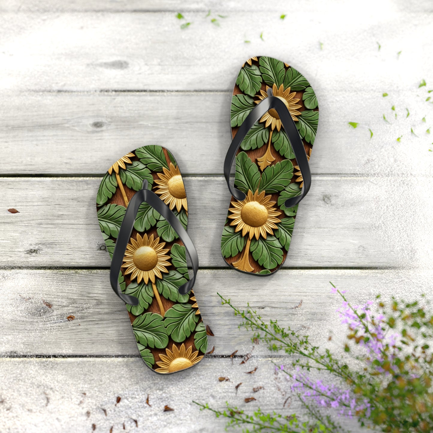 Stylish Floral Flip Flops, Personalized Beach Sandals, Sunflower Summer Footwear, Vacation Essential, Boho Chic Footwear