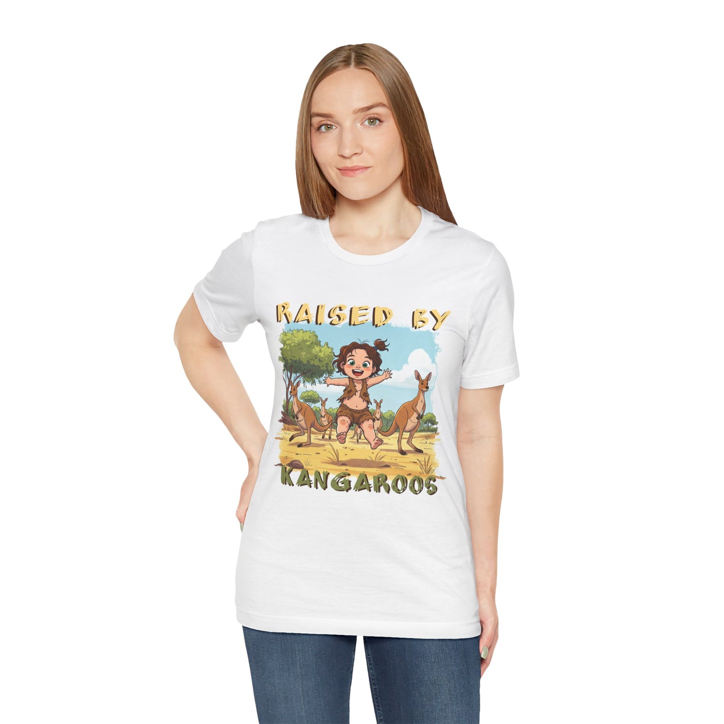 Cute, Funny Kangaroo Vibe Unisex Tee - "Raised by Kangaroos" (female character) - Australian Theme - Schmartypants