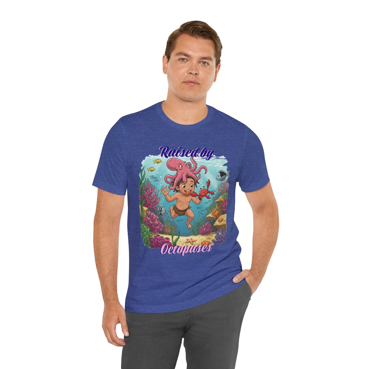 Ocean-Inspired Unisex Tee - Funny "Raised by Octopus", Fun Gift for Marine Lovers, Summer Beachwear, Cute Animal T-Shirt