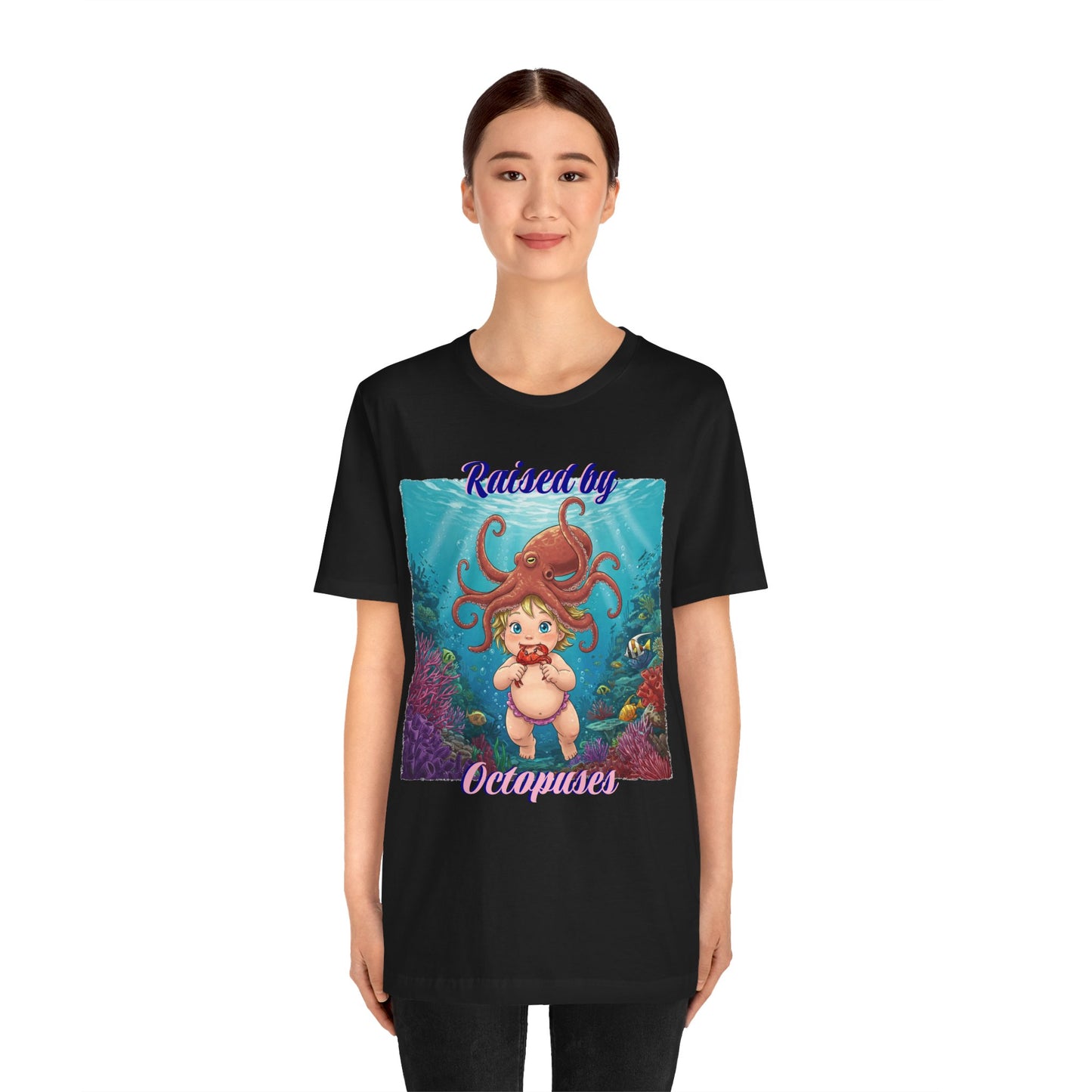 'Raised by Octopuses' Funny Octopus Themed Unisex Tee, Perfect for Ocean Lovers, Birthday Gift, Casual Wear, Summer Outing, Nautical Themed Apparel