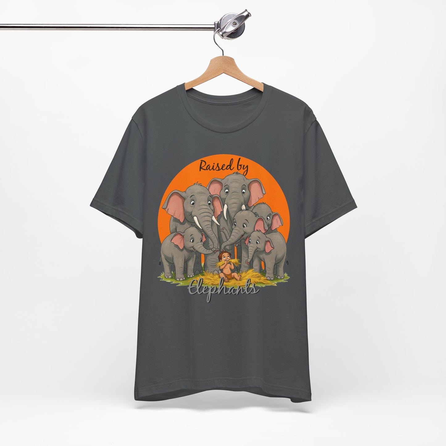 Elephant Lovers Tee - Funny 'Raised by Elephants' Unisex Jersey Short Sleeve Shirt - Wildlife and Nature Lovers Shirt (Male Character Version) - Schmartypants
