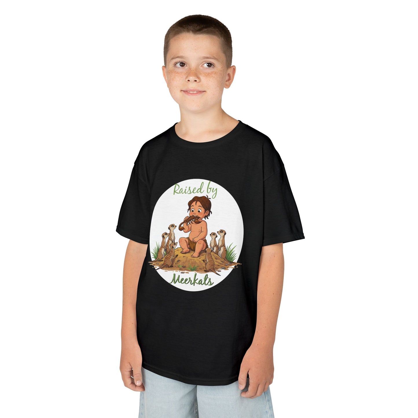 Kids Heavy Cotton™ Tee - Hilarious 'Raised by Meerkats' Design, Cute Animal Tee, Fun Kids T-Shirt, Playful Gift for Animal Lovers, Birthday or Holiday Outfit - Schmartypants