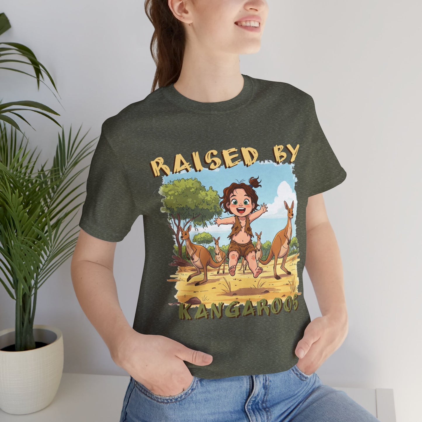 Cute, Funny Kangaroo Vibe Unisex Tee - "Raised by Kangaroos" (female character) - Australian Theme - Schmartypants