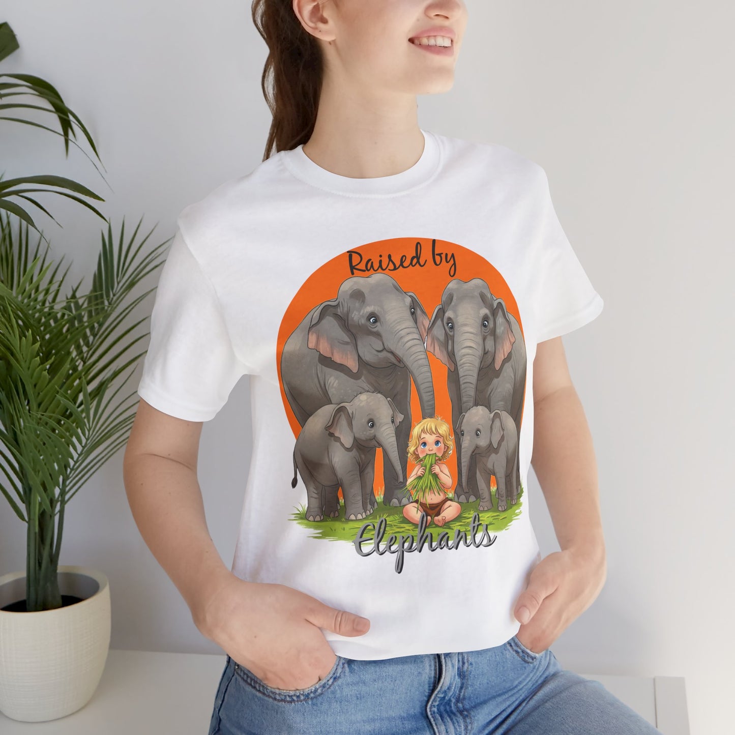 Funny Raised by Elephants Unisex Short Sleeve Tee - Perfect for Animal Lovers, Wildlife Fans (Women's Character version) - Schmartypants