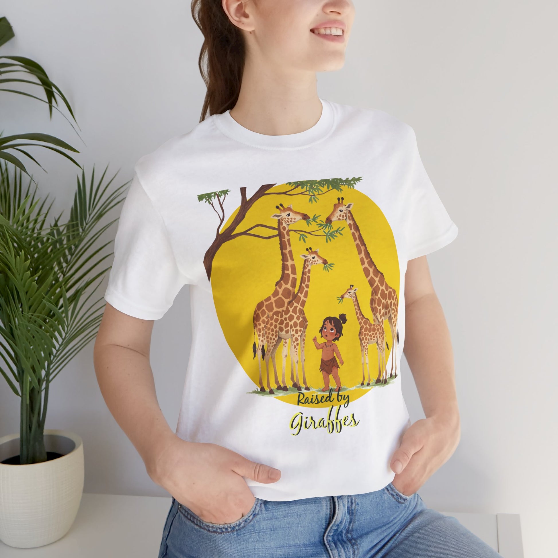 Raised by Giraffes Unisex T-Shirt - Funny Animal Lover Tee - Giraffe Lovers, Wildlife Enthusiasts (Female Character) - Schmartypants