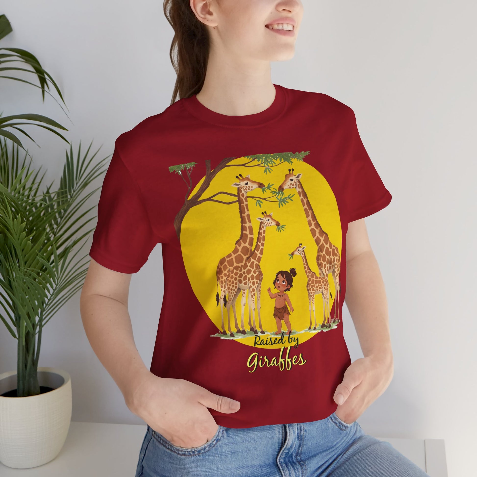 Raised by Giraffes Unisex T-Shirt - Funny Animal Lover Tee - Giraffe Lovers, Wildlife Enthusiasts (Female Character) - Schmartypants