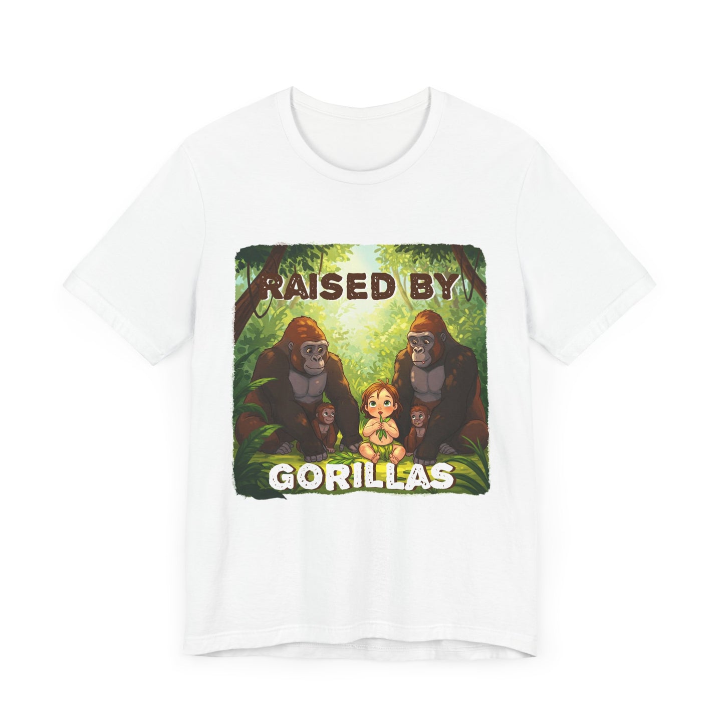 Funny Gorilla Graphic Tee - 'Raised by Gorillas' Unisex Jersey Shirt (Female character version) - Schmartypants