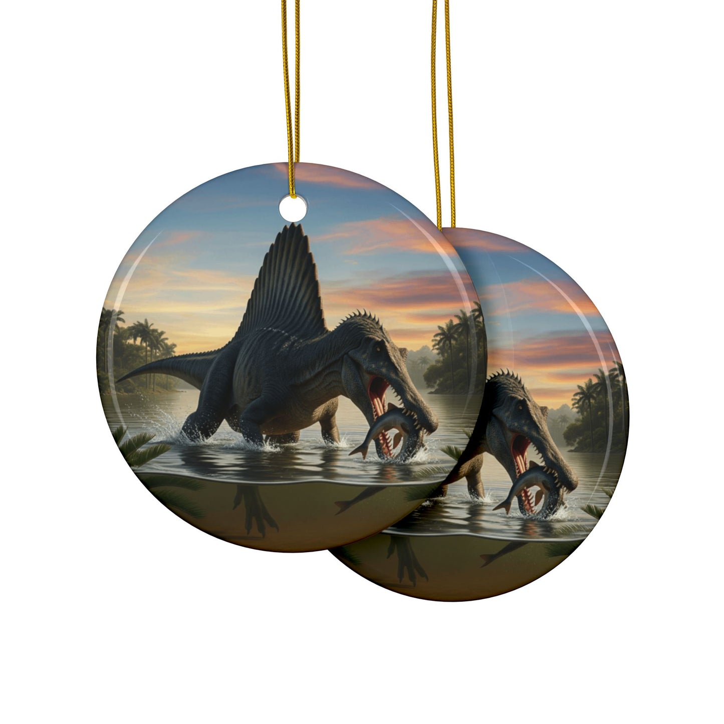 Spinosaurus Jurassic Era Dinosaur Ceramic Christmas Tree Ornaments, 2-Sided Keepsakes, Party Favors