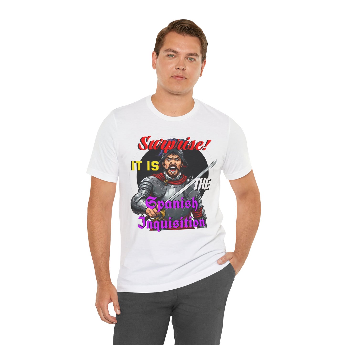 Hilarious Spanish Inquisition T-Shirt, British Humor Tee, Unisex Short Sleeve, Ideal for Parties, Gifts, Comedy Lovers