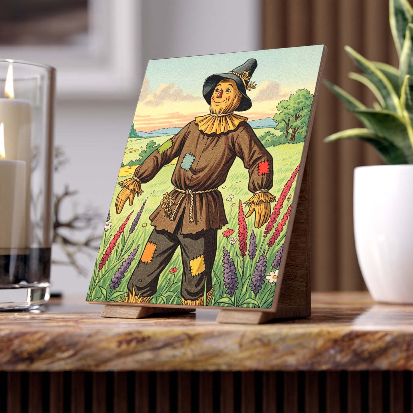 Ceramic Photo Tile - Wizard of Oz Scarecrow Illustrated Tile for Nursery or Baby Shower Gift, Personalizable Home Decor Accent, Vibrant