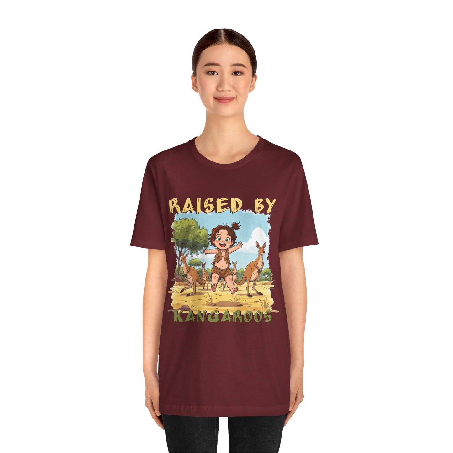 Cute, Funny Kangaroo Vibe Unisex Tee - "Raised by Kangaroos" (female character) - Australian Theme - Schmartypants
