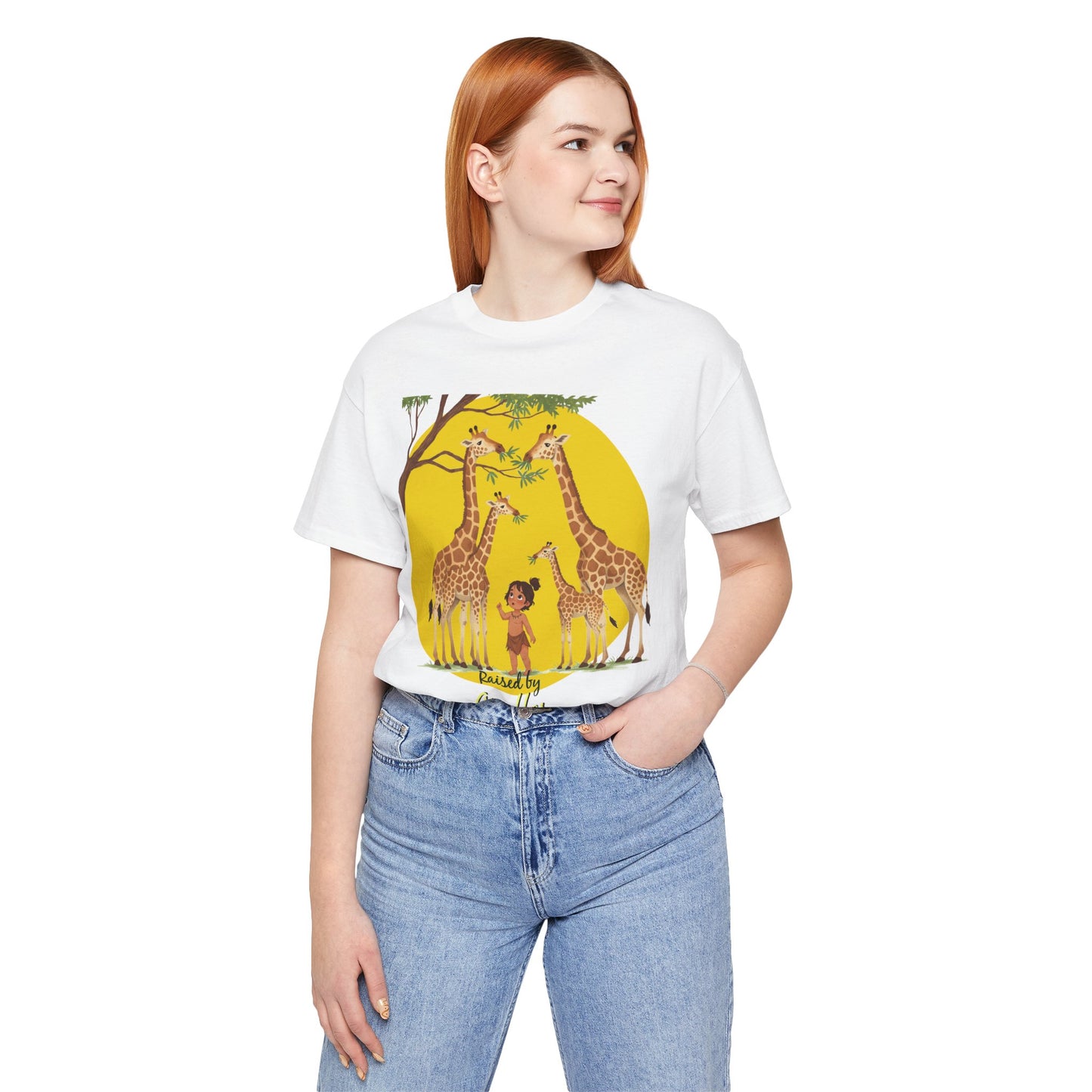 Raised by Giraffes Unisex T-Shirt - Funny Animal Lover Tee - Giraffe Lovers, Wildlife Enthusiasts (Female Character) - Schmartypants