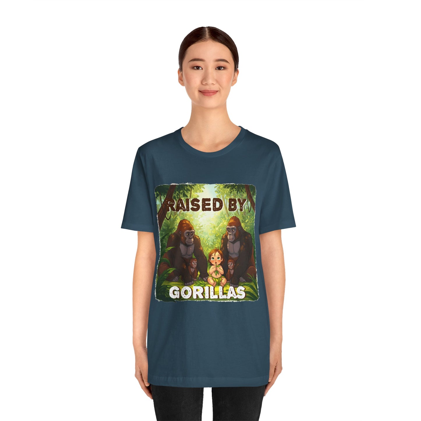 Funny Gorilla Graphic Tee - 'Raised by Gorillas' Unisex Jersey Shirt (Female character version) - Schmartypants