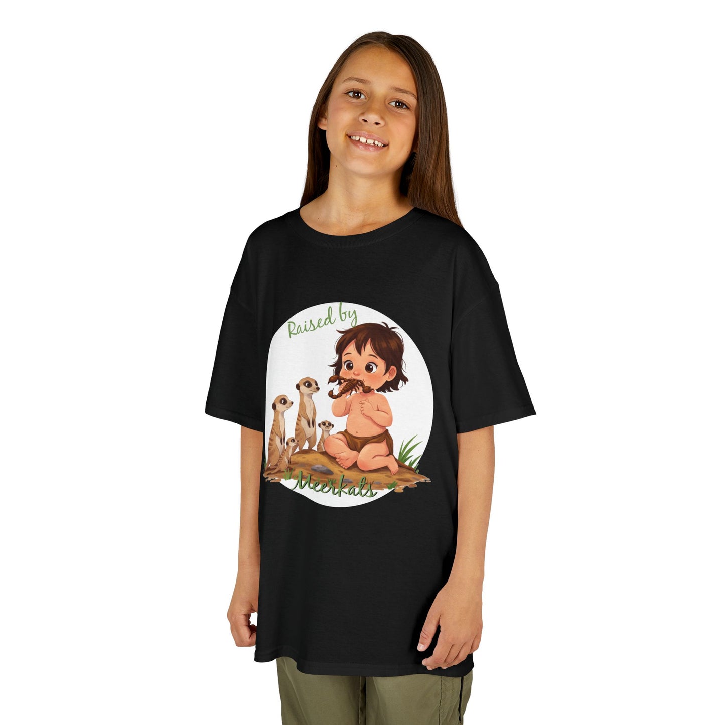 Sweet and Funny 'Raised by Meerkats' Kids Heavy Cotton™ Tee for Girls Who Love Meerkats, Wildlife - Schmartypants