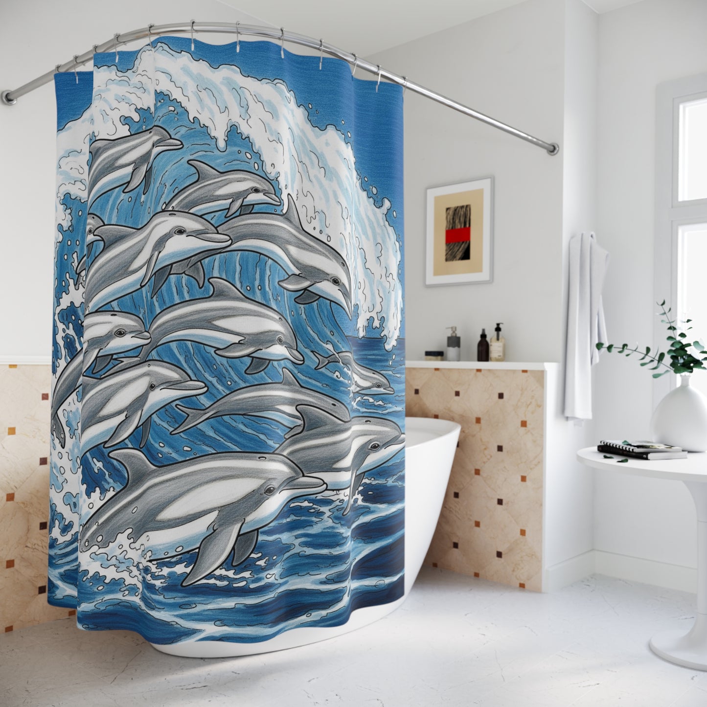 Dolphin Wave Shower Curtain, Ocean Bathroom Decor, Nautical Theme, Beach House Accessory, Gift for Marine Lovers