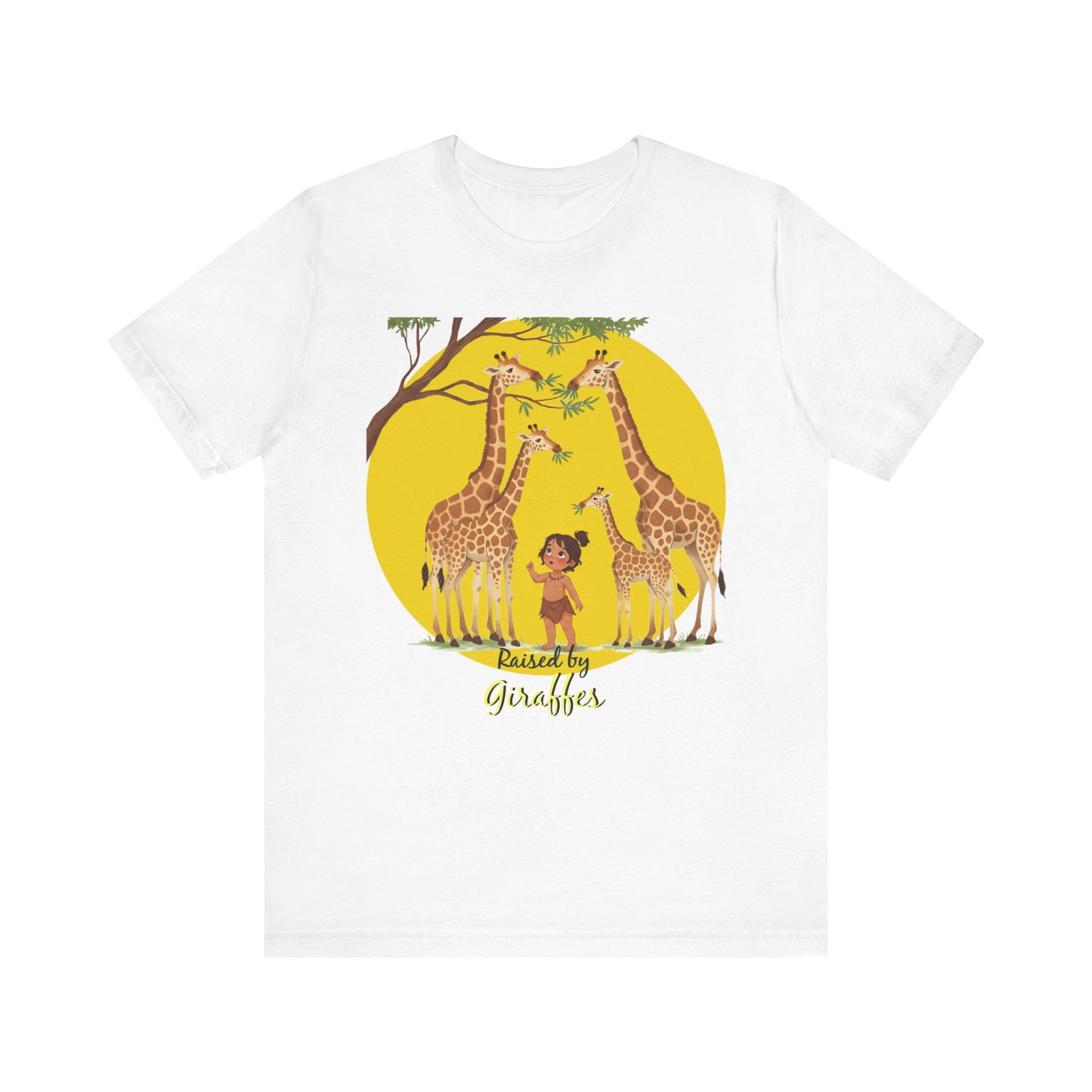 Raised by Giraffes Unisex T-Shirt - Funny Animal Lover Tee - Giraffe Lovers, Wildlife Enthusiasts (Female Character) - Schmartypants