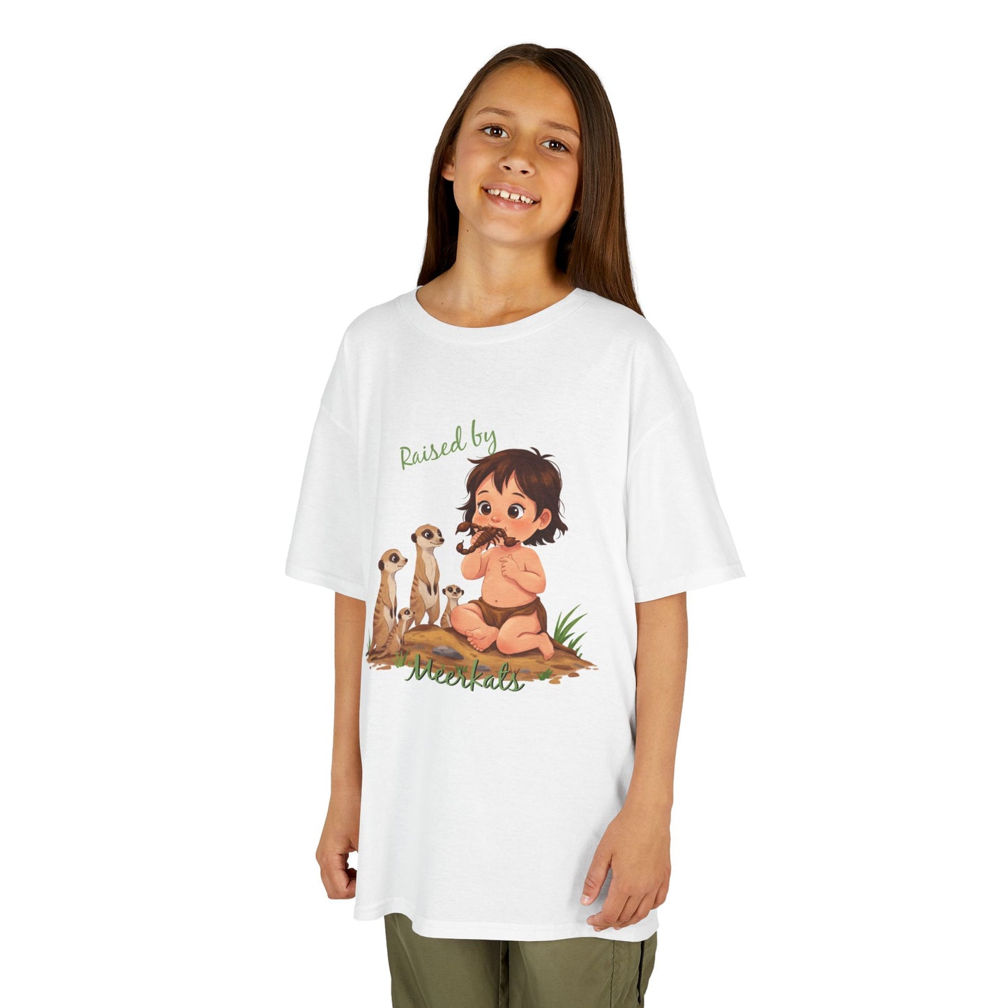 Sweet and Funny 'Raised by Meerkats' Kids Heavy Cotton™ Tee for Girls Who Love Meerkats, Wildlife - Schmartypants