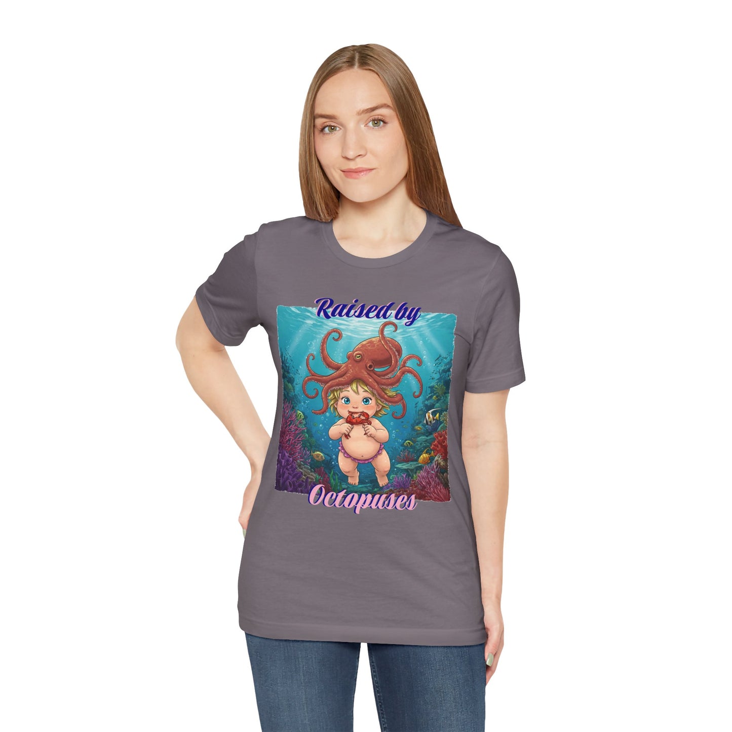 'Raised by Octopuses' Funny Octopus Themed Unisex Tee, Perfect for Ocean Lovers, Birthday Gift, Casual Wear, Summer Outing, Nautical Themed Apparel