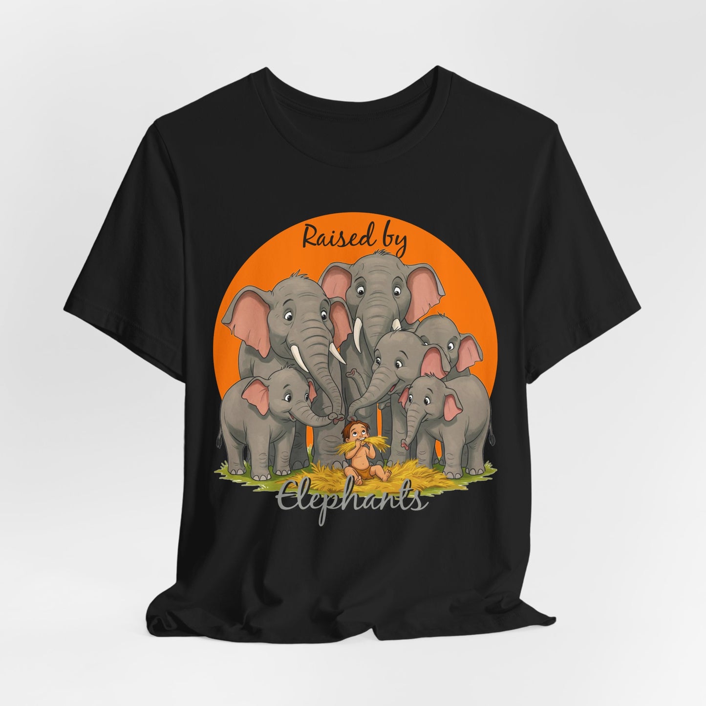 Elephant Lovers Tee - Funny 'Raised by Elephants' Unisex Jersey Short Sleeve Shirt - Wildlife and Nature Lovers Shirt (Male Character Version) - Schmartypants