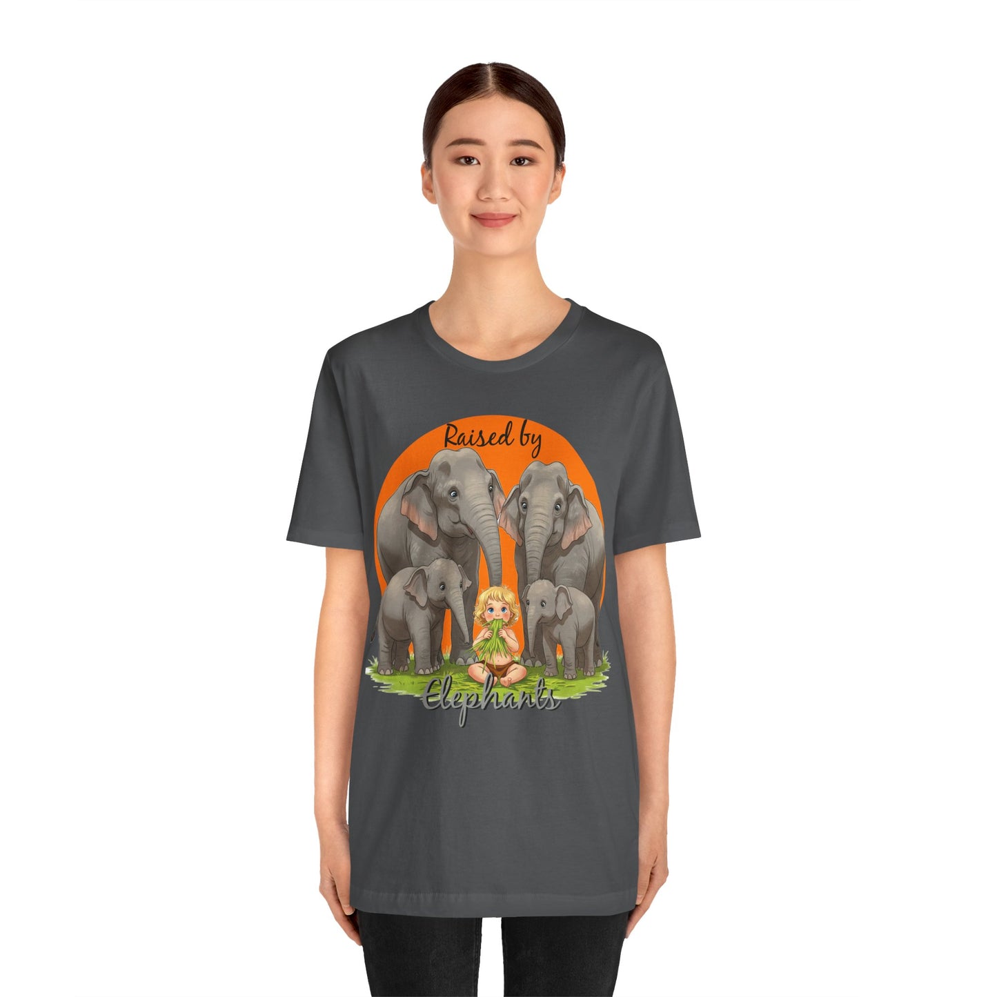 Funny Raised by Elephants Unisex Short Sleeve Tee - Perfect for Animal Lovers, Wildlife Fans (Women's Character version) - Schmartypants