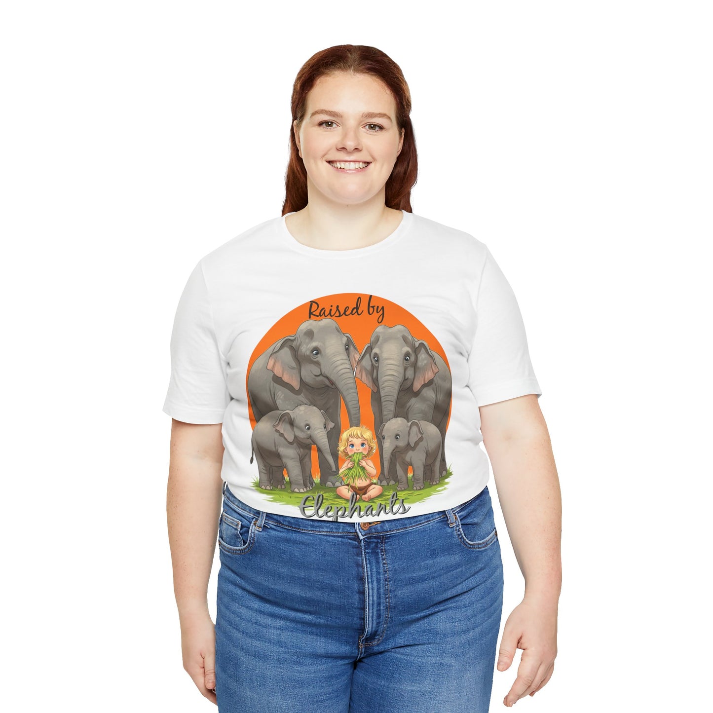 Funny Raised by Elephants Unisex Short Sleeve Tee - Perfect for Animal Lovers, Wildlife Fans (Women's Character version) - Schmartypants