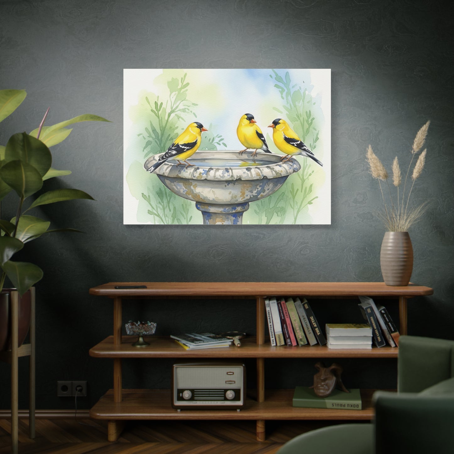 Goldfinches on Fountain Canvas Art, Nature Wall Decor, Yellow Finch Print, Home Decor, Gift for Bird Lovers, Spring Decoration