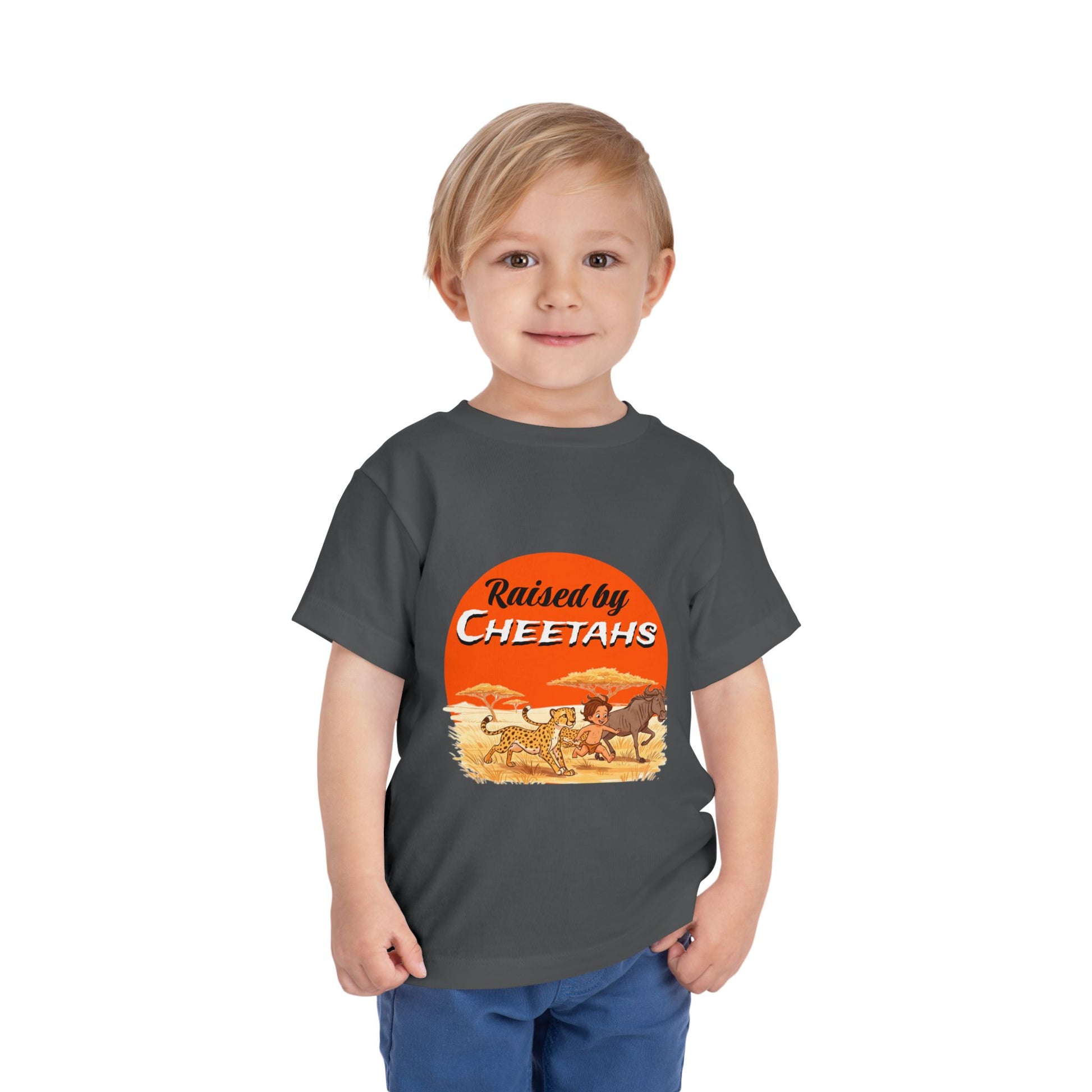 Toddler Boys Short Sleeve Tee with 'Raised by Cheetahs' Design | Funny Kids T-Shirt, Animal Lover Gift, Summer Outfit, Safari Theme - Schmartypants