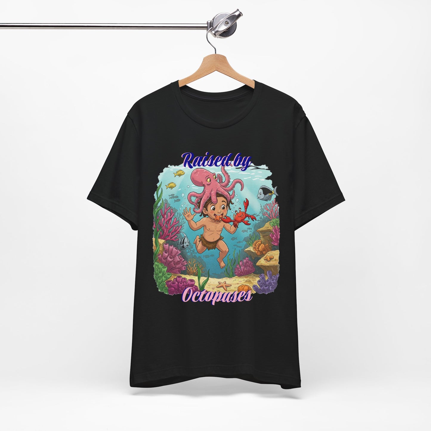 Ocean-Inspired Unisex Tee - Funny "Raised by Octopus", Fun Gift for Marine Lovers, Summer Beachwear, Cute Animal T-Shirt