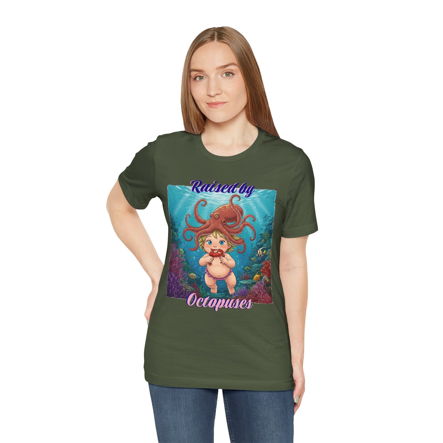 'Raised by Octopuses' Funny Octopus Themed Unisex Tee, Perfect for Ocean Lovers, Birthday Gift, Casual Wear, Summer Outing, Nautical Themed Apparel